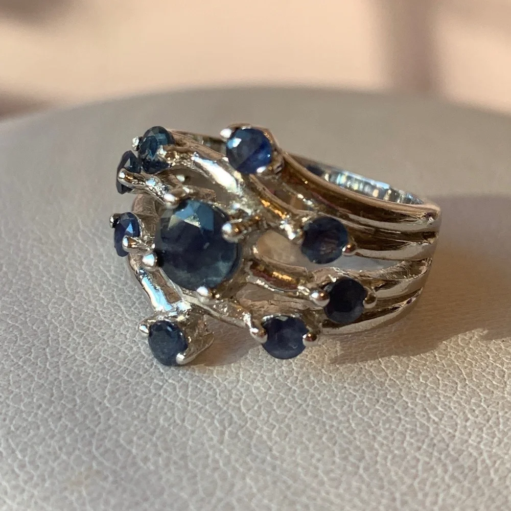 GENUINE BLUE SAPPHIRE 925 STERLING SILVER WIDE BAND RING
